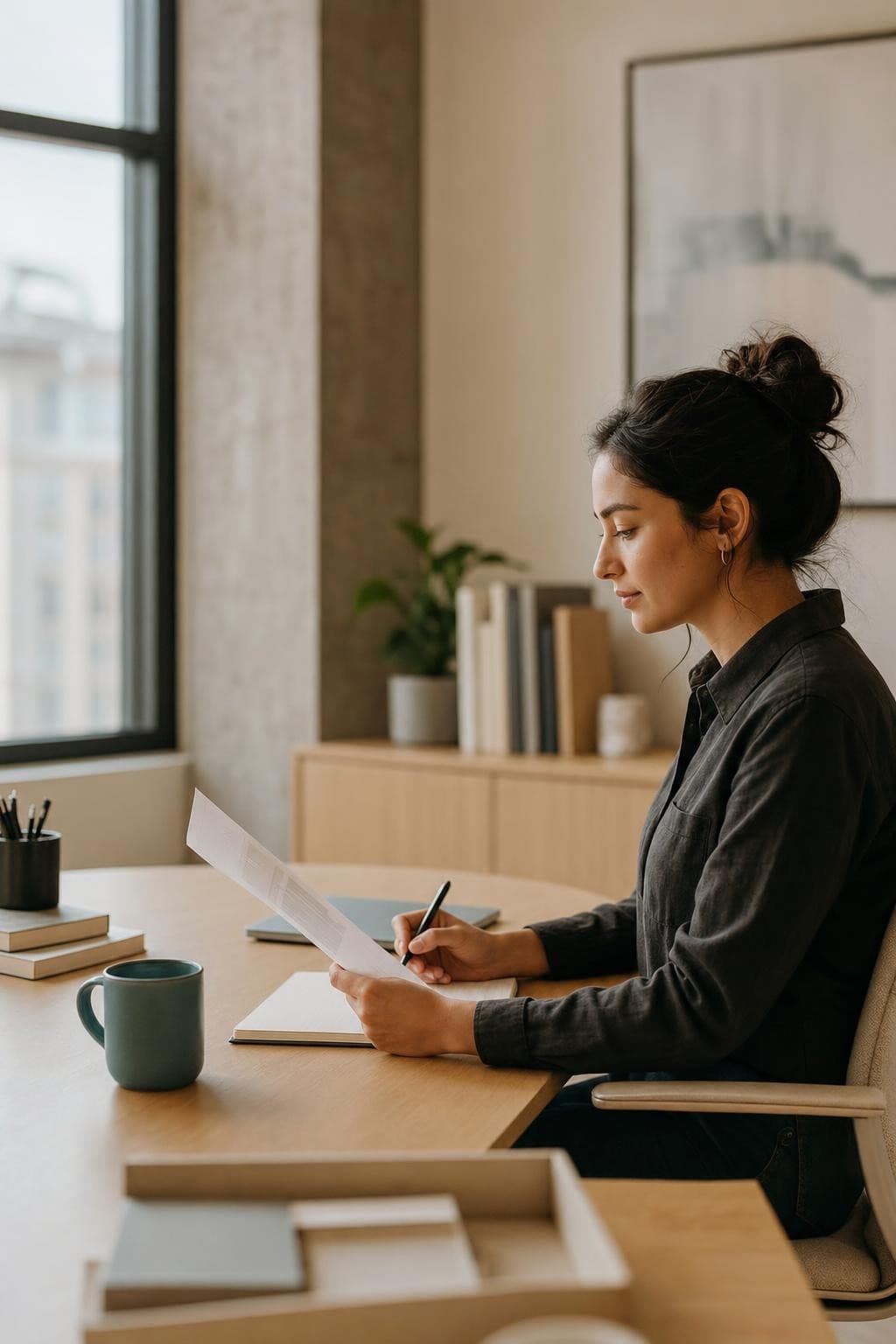 A new hire reviewing a role guide and taking notes at a desk